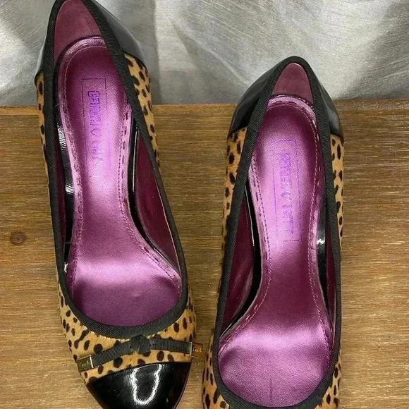 Coach Poppy Women’s 7B Patent Black Leather Animal Print Fur Heels - Picture 3 of 9